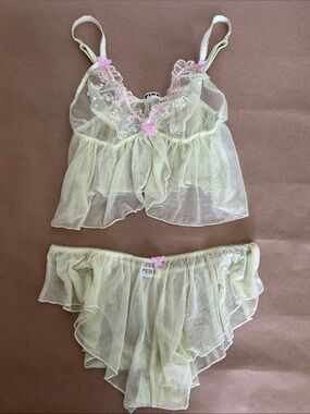 Pale Yellow Sheer Lace-Trim Babydoll Set - PINK Victoria's Secret